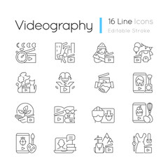Videography linear icons set. Business footage. Online classes for education. Entertaining content. Customizable thin line contour symbols. Isolated vector outline illustrations. Editable stroke