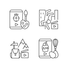 Internet video linear icons set. Drawing tutorial. Parkour footage. Travel vlog. Online cooking class. Customizable thin line contour symbols. Isolated vector outline illustrations. Editable stroke