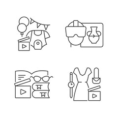 Types of video linear icons set. Baby shower party. VR headset. Book review. Fashion blog. Customizable thin line contour symbols. Isolated vector outline illustrations. Editable stroke