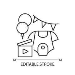 Baby shower party video linear icon. Newborn gender reveal vlog. Child birth announcement video. Thin line customizable illustration. Contour symbol. Vector isolated outline drawing. Editable stroke