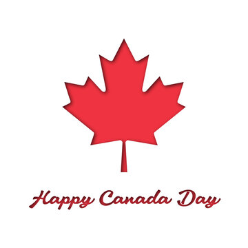 Happy Canada Day, card with red maple leaf, papper  cutout effect 