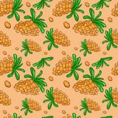 A pattern with berries. Background of sea buckthorn bushes. Seamless vector background.