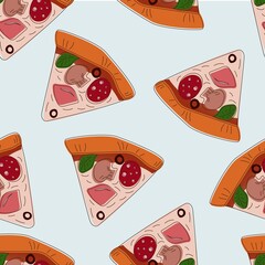 Pattern with slices of pizza in a hand-drawn style on a bare background. Pizza with ham, mushrooms, pepperoni, olives