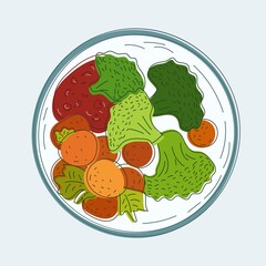 Plate with meatballs, broccoli and lingonberry sauce. National cuisine of Sweden