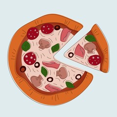 Pizza with a ​​slice in a hand-drawn style. Pizza with ham, mushrooms, pepperoni, olives