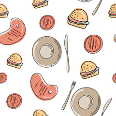 Vector seamless pattern of barbecue, barbecue, grill. Picnic in flat cartoon style. Collection of barbecue tools for cafe
