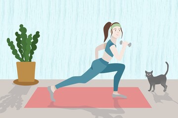 The girl goes in for sports at home on the rug