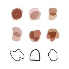 Set watercolor brush stroke shapes and hand drawn lines 
