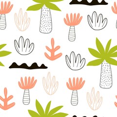 seamless pattern with cartoon plants, palm. Colorful vector flat style for kids. hand drawing. baby design for fabric, print, wrapper, textile