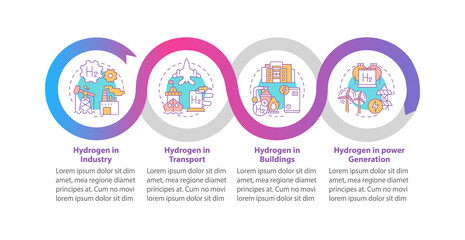 Hydrogen usage vector infographic template. H2 in industry presentation outline design elements. Data visualization with 4 steps. Process timeline info chart. Workflow layout with line icons