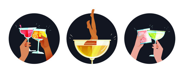 Cocktails Set. Modern Flat Vector Concept Illustrations. Badges with Hands Holding Cocktails and Glass of Drink with Legs. Social Media Ads.