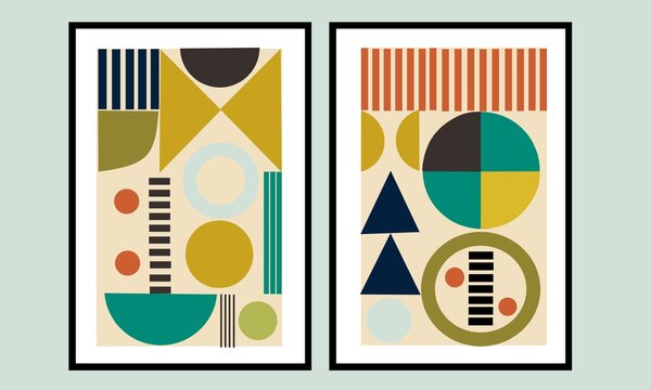 Set two of abstract Geometric mid century modern wall art. Geometry shapes wall decor. Minimalist wall Decorations. Home Decorations, greetings cards, background, poster, wallpaper, invitation.