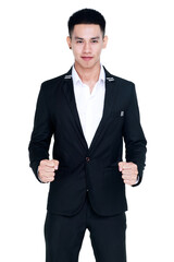 attractive cutout portrait of young healthy handsome man on white t-shirt and black suit standing with clenched fists as having high confident to win and success expectation on business