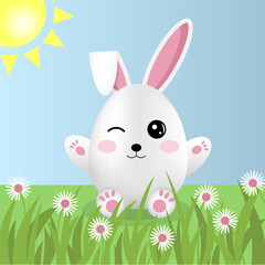 Cute easter bunny in the form of the egg in a meadow with flowers, grass and sun.