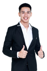 attractive cutout portrait of young healthy handsome businessman on black suit standing with smile and thumbs up as happy for achieving duty and proud to win and success expectation