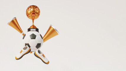 3D render of golden winning trophy, football and shoes against plain background.