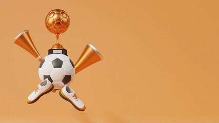 3D render of golden winning trophy, football and shoes.