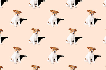 Little dog on pink background. Jack russell terrier puppy dog. Seamless pattern