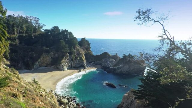 Aerial: Mcway Falls In Julia Pfeiffer Burns State Park In Big Sur