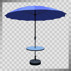 Vector illustration. Beach umbrella in blue with a table on a leg. The symbol of the holiday by the sea.