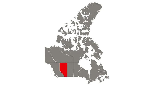Alberta province blinking red highlighted in map of Canada