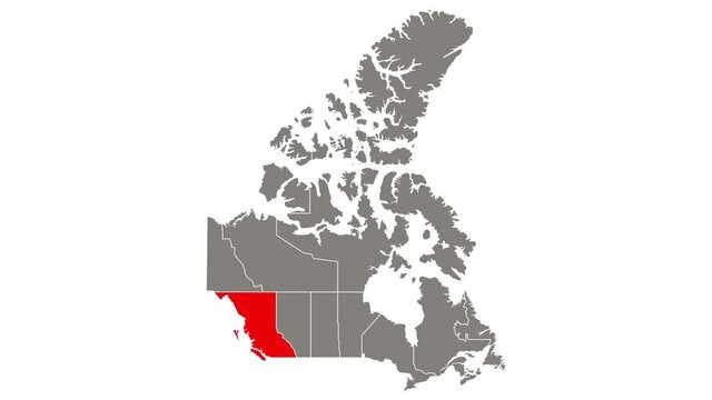 British Columbia province blinking red highlighted in map of Canada