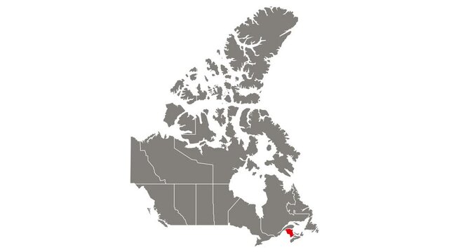 New Brunswick province blinking red highlighted in map of Canada