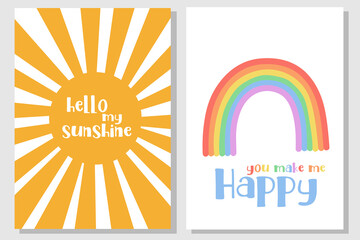 Fototapeta premium Kids posters set. Childish typography print room with rainbow decoration Hello My Sunshine Vector Illustration