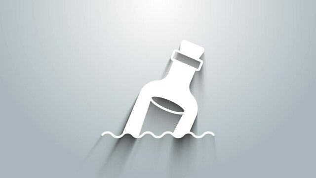 White Glass bottle with a message in water icon isolated on grey background. Letter in the bottle. Pirates symbol. 4K Video motion graphic animation