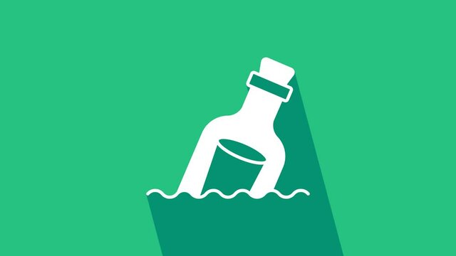 White Glass bottle with a message in water icon isolated on green background. Letter in the bottle. Pirates symbol. 4K Video motion graphic animation