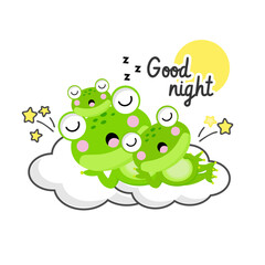 Cute frog sleeping on a cloud with family.