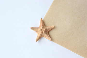 Starfish on white and beige backgrounds. The concept of summer, travel, vacations. Flat lay, top view, copy space. 