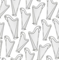 Harp, seamless pattern, white, contour pattern, vector. Gray harps on a white field. A thin contour drawing. Music. Decorative, seamless pattern. Vector.  