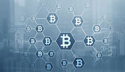 Double exposure of creative Bitcoin symbol hologram on Hong Kong skyscrapers background