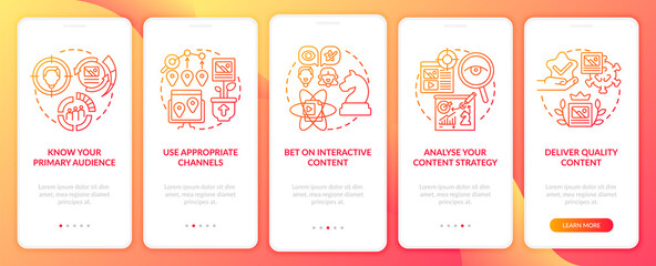 Shareable content techniques onboarding mobile app page screen. Appropriate channels walkthrough 5 steps graphic instructions with concepts. UI, UX, GUI vector template with linear color illustrations