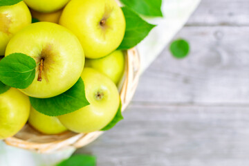 Crop view of wicker basket filled of ripe juicy green apples with leaves on wooden kitchen table. Gardening, summer or autumn harvest of fruits. Healthy eating.