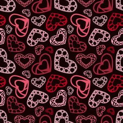 Heart semless pattern red pink ornate hearts on dark background