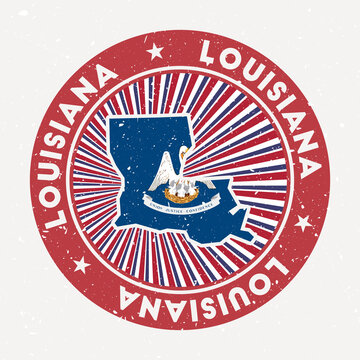 Louisiana round stamp. Logo of us state with state flag. Vintage badge with circular text and stars, vector illustration.