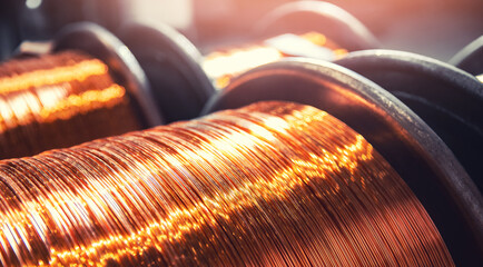 Macro texture copper cable rolled coil up on industry factory banner - obrazy, fototapety, plakaty