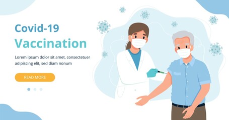Vaccination for the elderly, senior man and a doctor with a syringe. Banner webpage template vector illustration in flat cartoon style