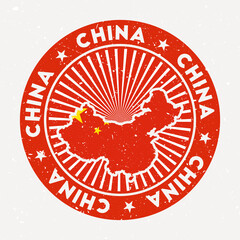 China round stamp. Logo of country with flag. Vintage badge with circular text and stars, vector illustration.