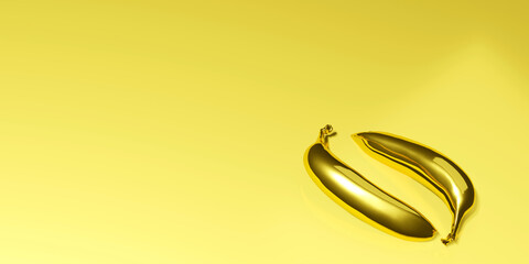 3 d render. Two gold bananas lying on the yellow stage
