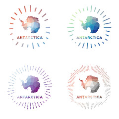 Antarctica low poly sunburst set. Logo of country in geometric polygonal style. Vector illustration.