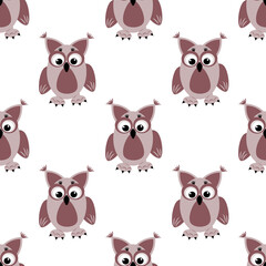 Pattern with cartoon owl on a white isolated background.