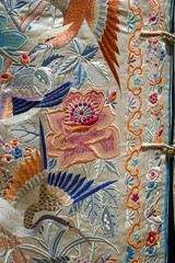 Flower embroidery closeup on traditional Chinese silk clothes