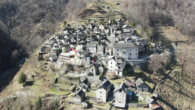 Drone view at the village of Corippo on Verzasca valley in Switzerland
