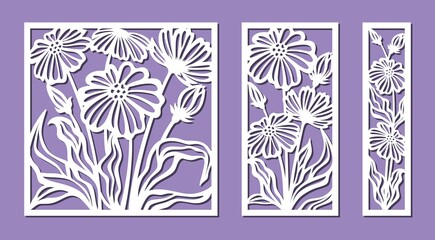 Set of decorative panels with a floral pattern. Square, rectangular frames with chamomile flowers, poppies. Vector template for plotter laser cutting of paper, metal engraving, wood carving, plywood.