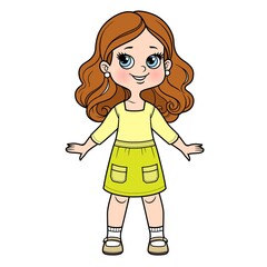 Cute cartoon girl in casual dress color variation for coloring page isolated on white background
