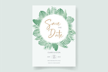 Summer wedding card design with tropical leaf ornament