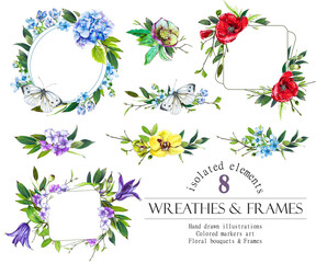 Floral frameand wreat set. Poppy, orchid, hydrangea flowers and leaves wreath, bouquets.